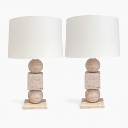 Pair of Travertine Column Lamps