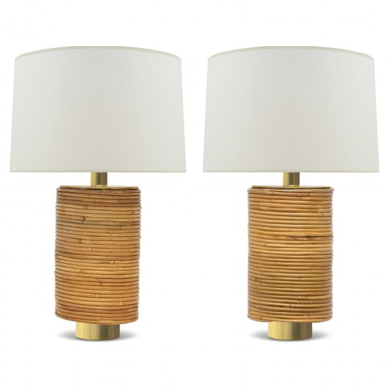 Pair of Pencil Reed and Brass Lamps