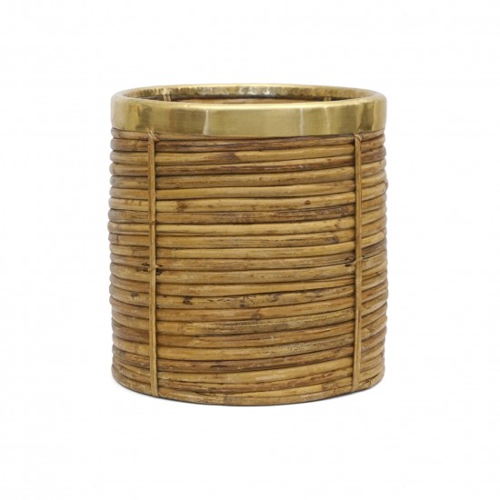 Round Pencil Reed and Brass Waste Basket