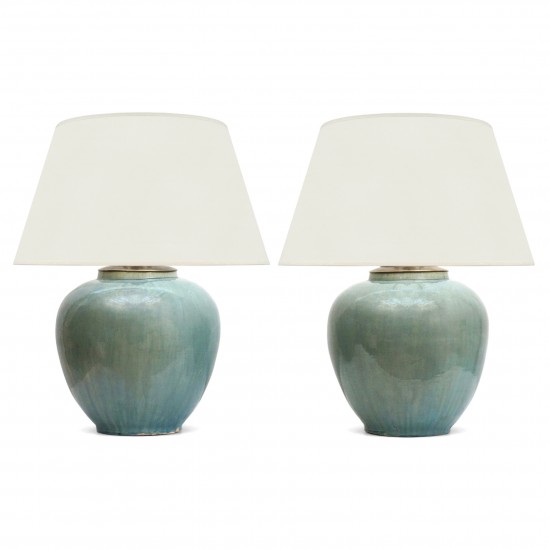 Pair of Large Blue/Green Ceramic Table Lamps