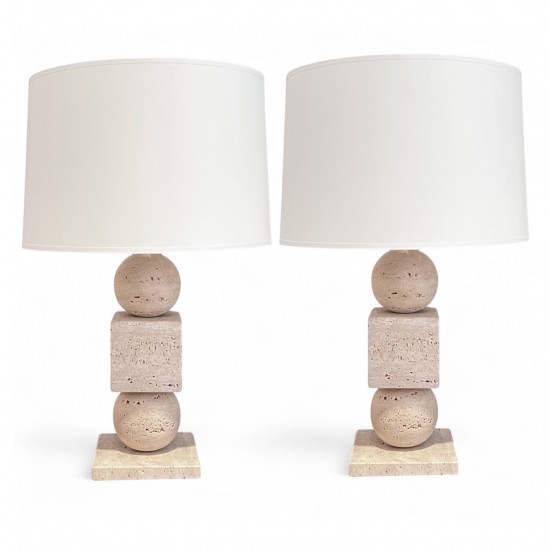 Pair of Travertine Column Lamps